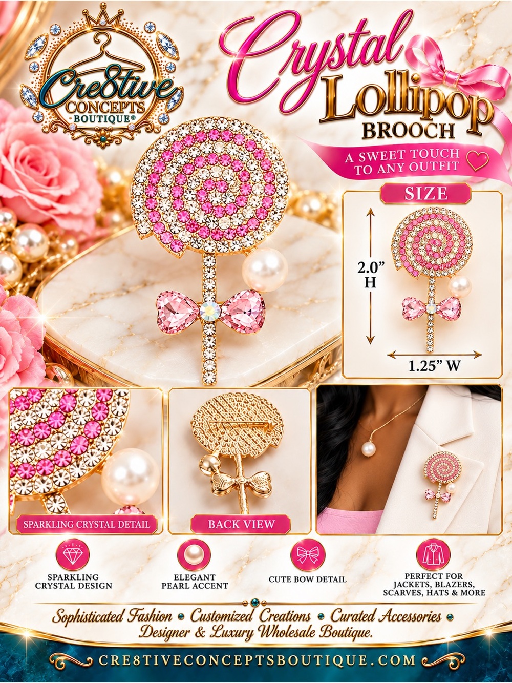 Pink Crystal Lollipop Pearl Bow Rhinestone Statement Brooch